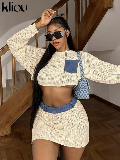 Knitted Casual 2 Piece Set Women Long Sleeve Patchwork O-Neck Crop Sweater+Elastic Skirts Female Street Coordinate Outfits