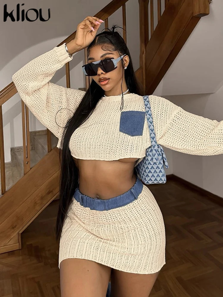 Knitted Casual 2 Piece Set Women Long Sleeve Patchwork O-Neck Crop Sweater+Elastic Skirts Female Street Coordinate Outfits