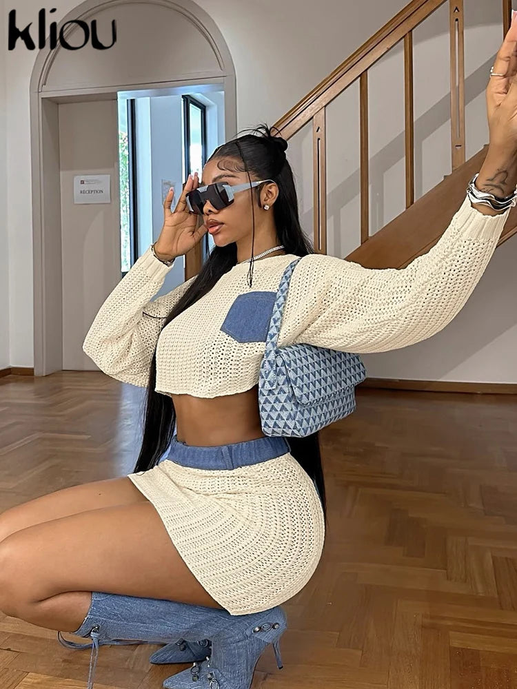 Knitted Casual 2 Piece Set Women Long Sleeve Patchwork O-Neck Crop Sweater+Elastic Skirts Female Street Coordinate Outfits