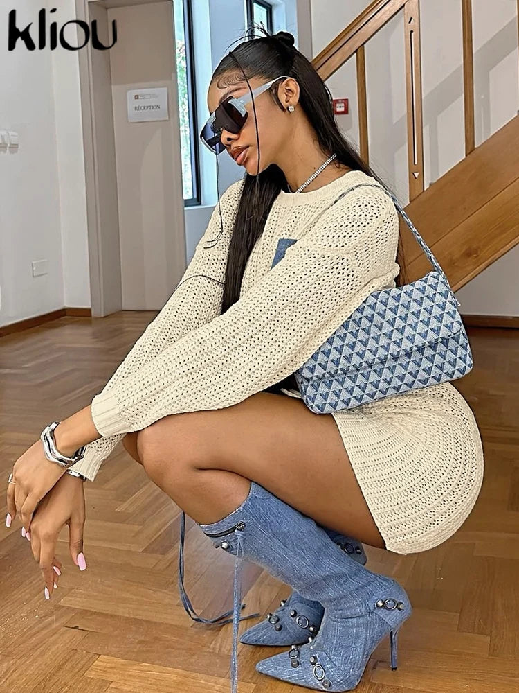 Knitted Casual 2 Piece Set Women Long Sleeve Patchwork O-Neck Crop Sweater+Elastic Skirts Female Street Coordinate Outfits