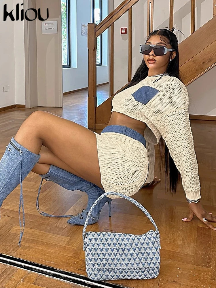 Knitted Casual 2 Piece Set Women Long Sleeve Patchwork O-Neck Crop Sweater+Elastic Skirts Female Street Coordinate Outfits