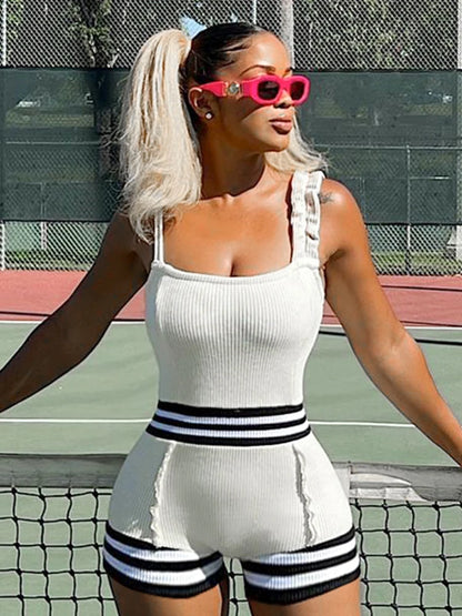 Summer Women Playsuit Casual Fitness Spaghetti One Piece Rompers Girls Student Workout Gym Outdoor Ribbed Knitted Overall