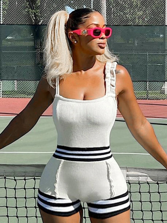 Summer Women Playsuit Casual Fitness Spaghetti One Piece Rompers Girls Student Workout Gym Outdoor Ribbed Knitted Overall